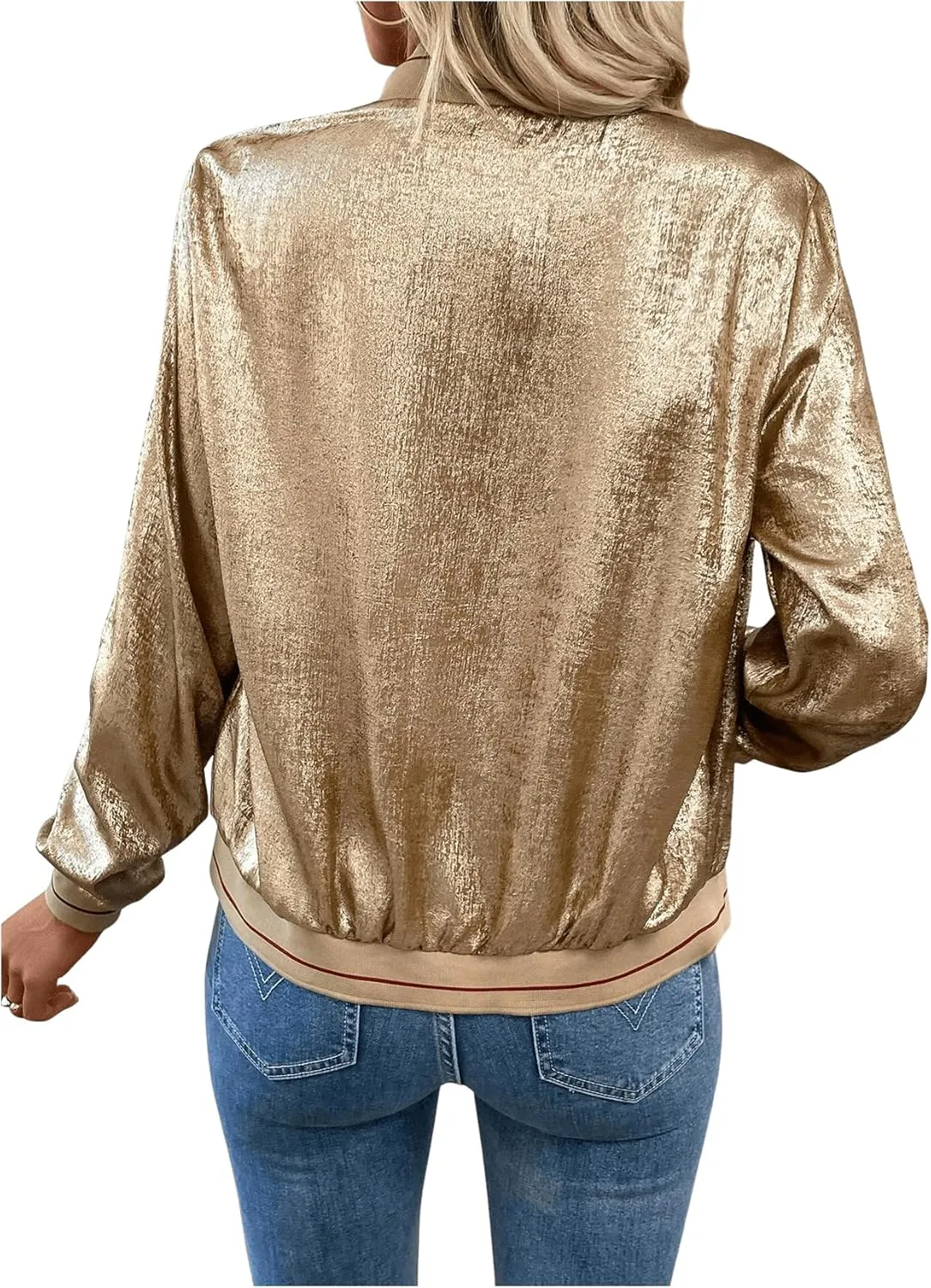 SOLY HUX Women's Metallic Zip Up Bomber Jacket Long Sleeve Fall Party Baseball Jackets Outerwear