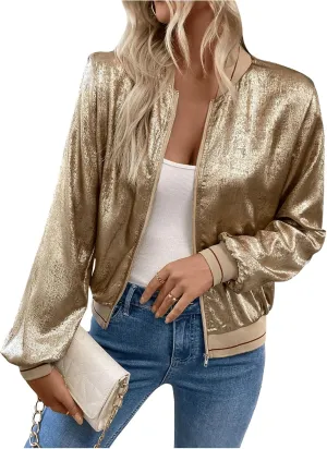 SOLY HUX Women's Metallic Zip Up Bomber Jacket Long Sleeve Fall Party Baseball Jackets Outerwear