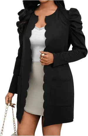 SOLY HUX Women's Open Front Cardigan Puff Long Sleeve Scalloped Trim Outerwear with Pockets