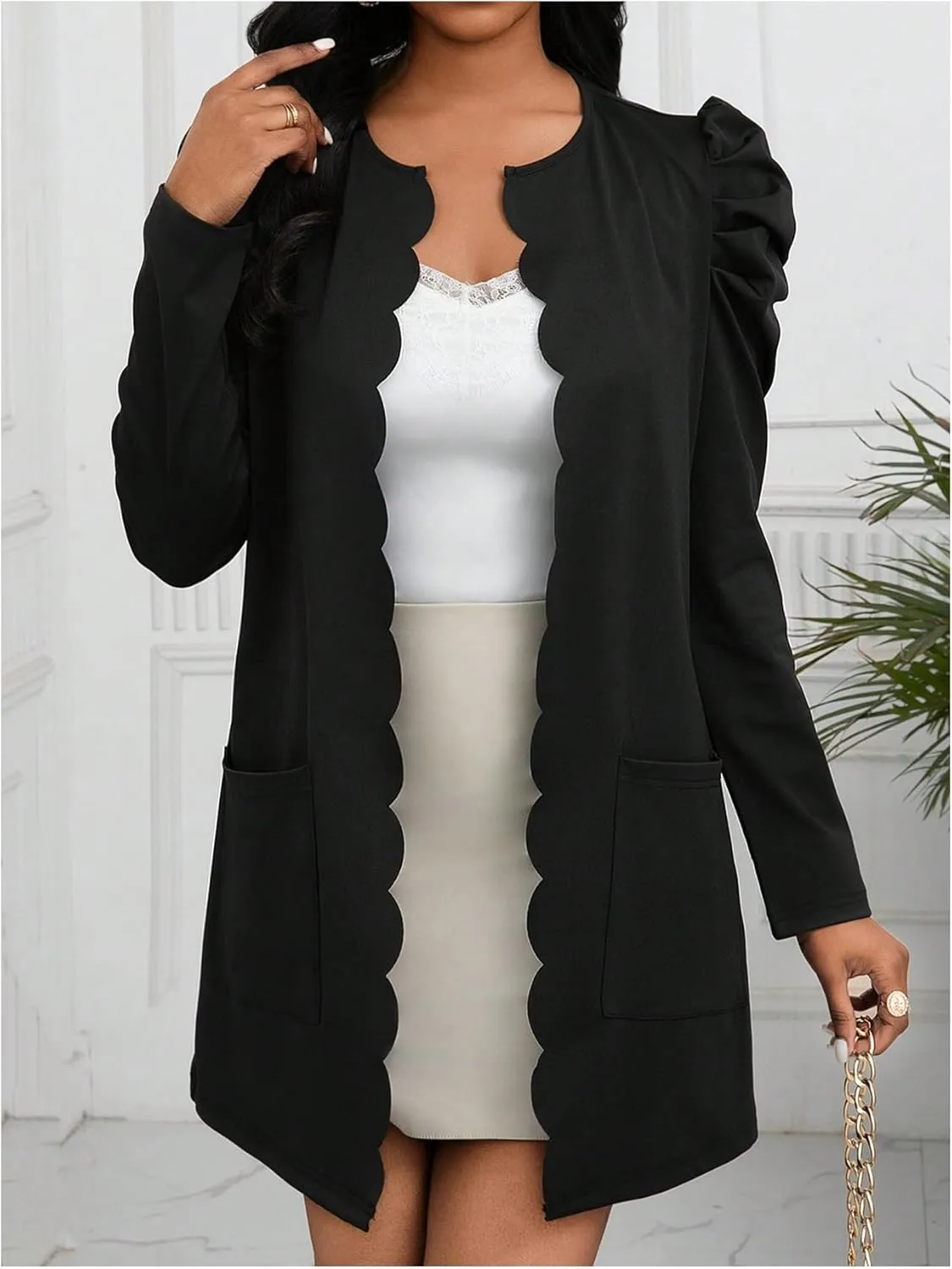SOLY HUX Women's Open Front Cardigan Puff Long Sleeve Scalloped Trim Outerwear with Pockets