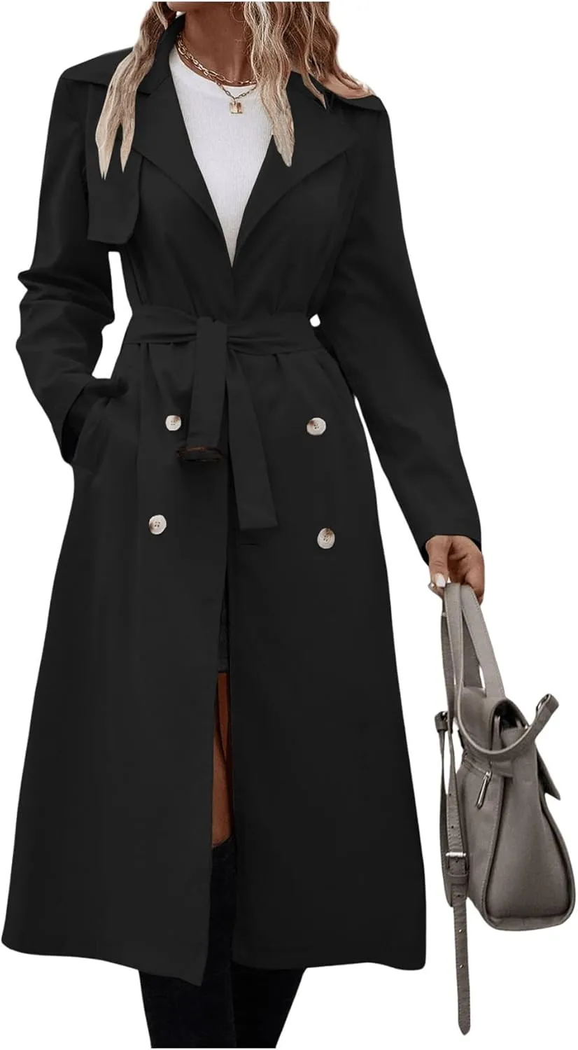 SOLY HUX Women's Trench Coat Lapel Double Breasted Belted Jacket Outerwear with Pockets