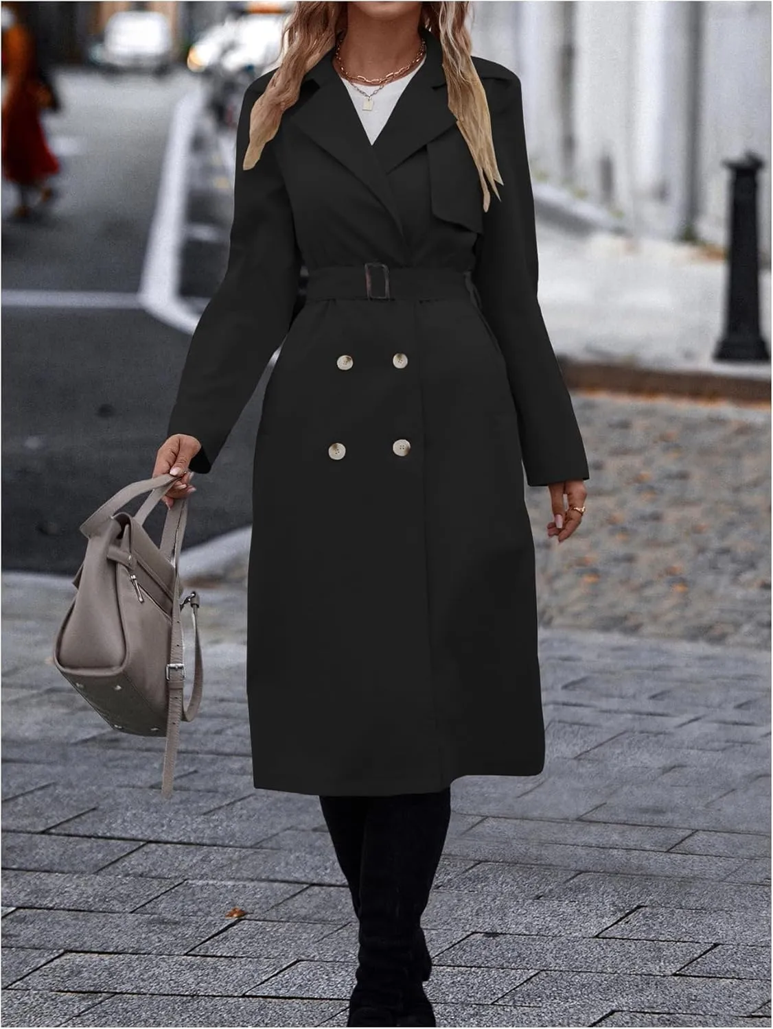 SOLY HUX Women's Trench Coat Lapel Double Breasted Belted Jacket Outerwear with Pockets