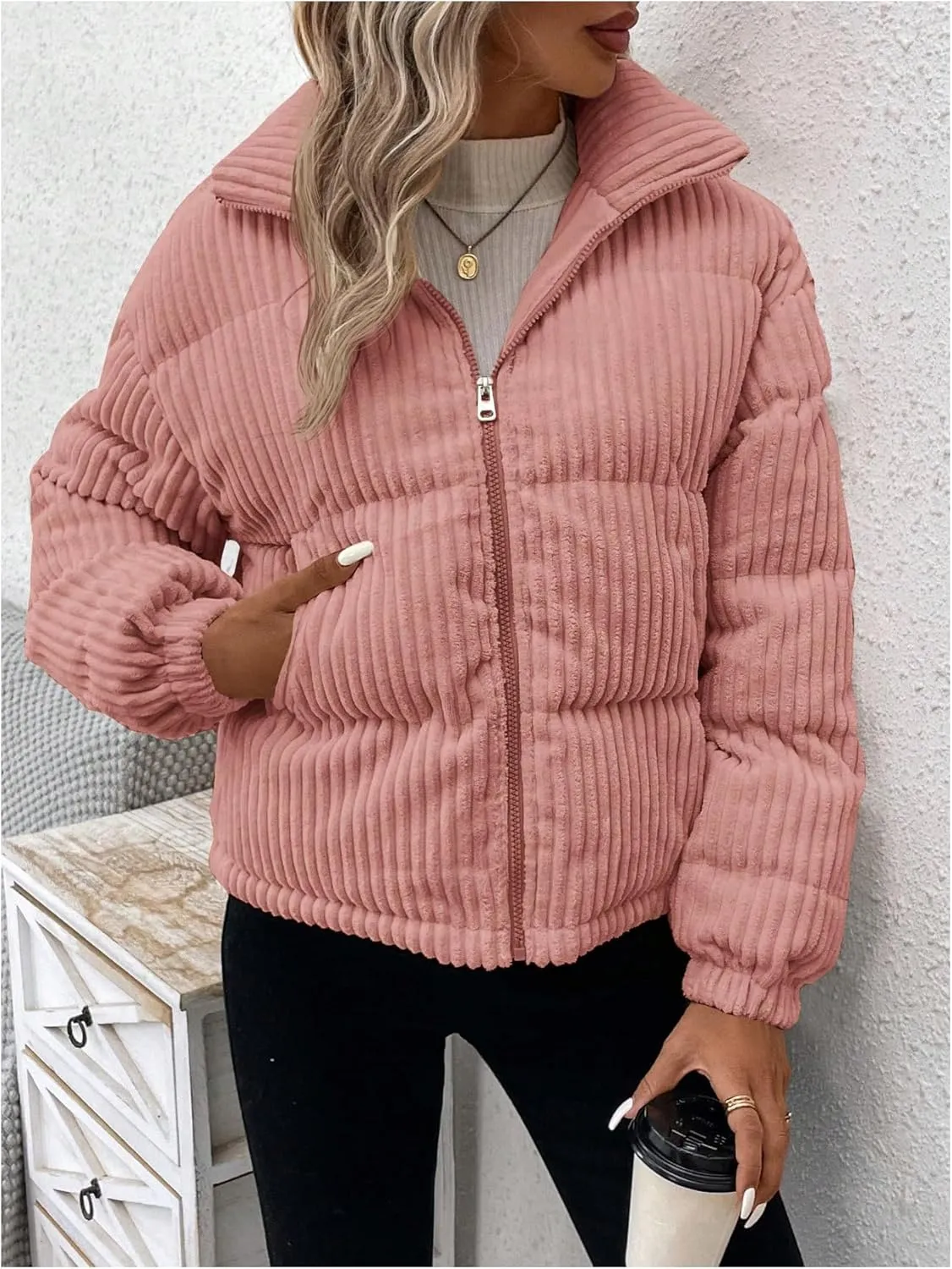 SOLY HUX Women's Zip Up Puffer Jacket Long Sleeve Corduroy Padded Coat Winter Outerwear
