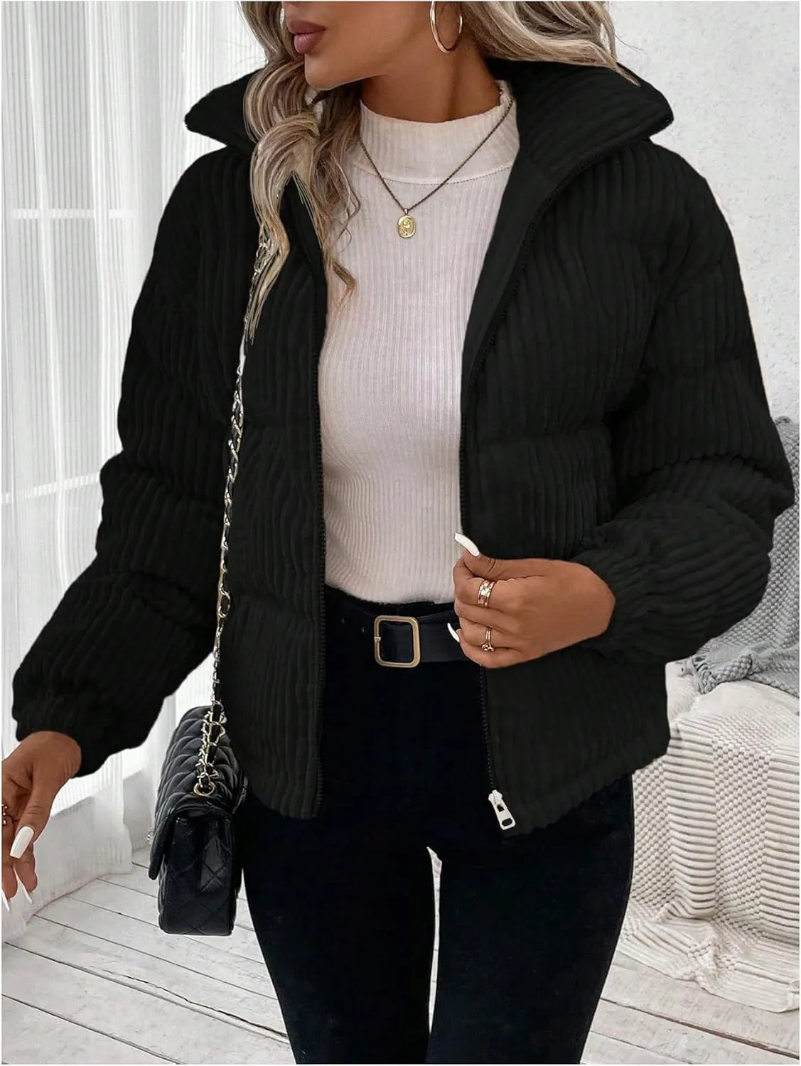 SOLY HUX Women's Zip Up Puffer Jacket Long Sleeve Corduroy Padded Coat Winter Outerwear