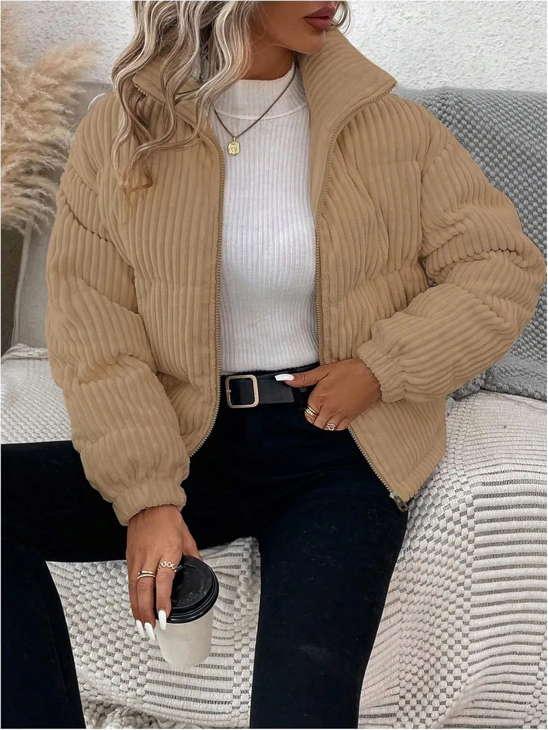 SOLY HUX Women's Zip Up Puffer Jacket Long Sleeve Corduroy Padded Coat Winter Outerwear