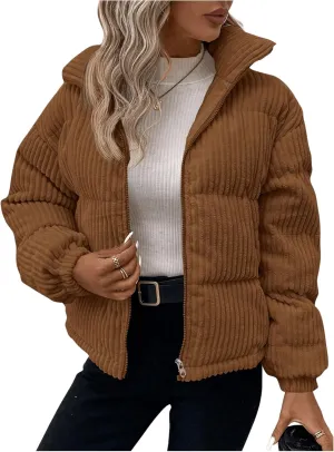 SOLY HUX Women's Zip Up Puffer Jacket Long Sleeve Corduroy Padded Coat Winter Outerwear