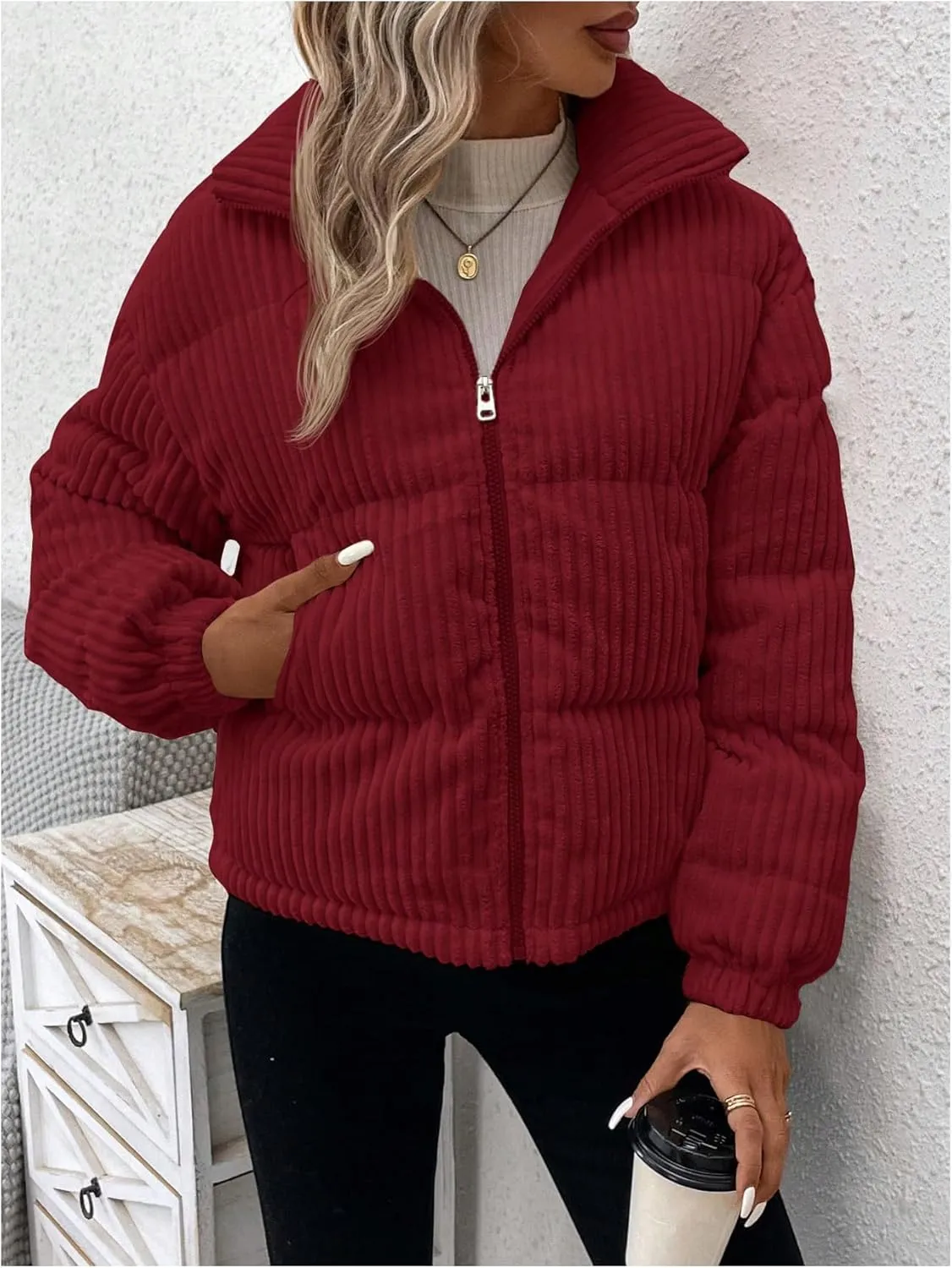 SOLY HUX Women's Zip Up Puffer Jacket Long Sleeve Corduroy Padded Coat Winter Outerwear
