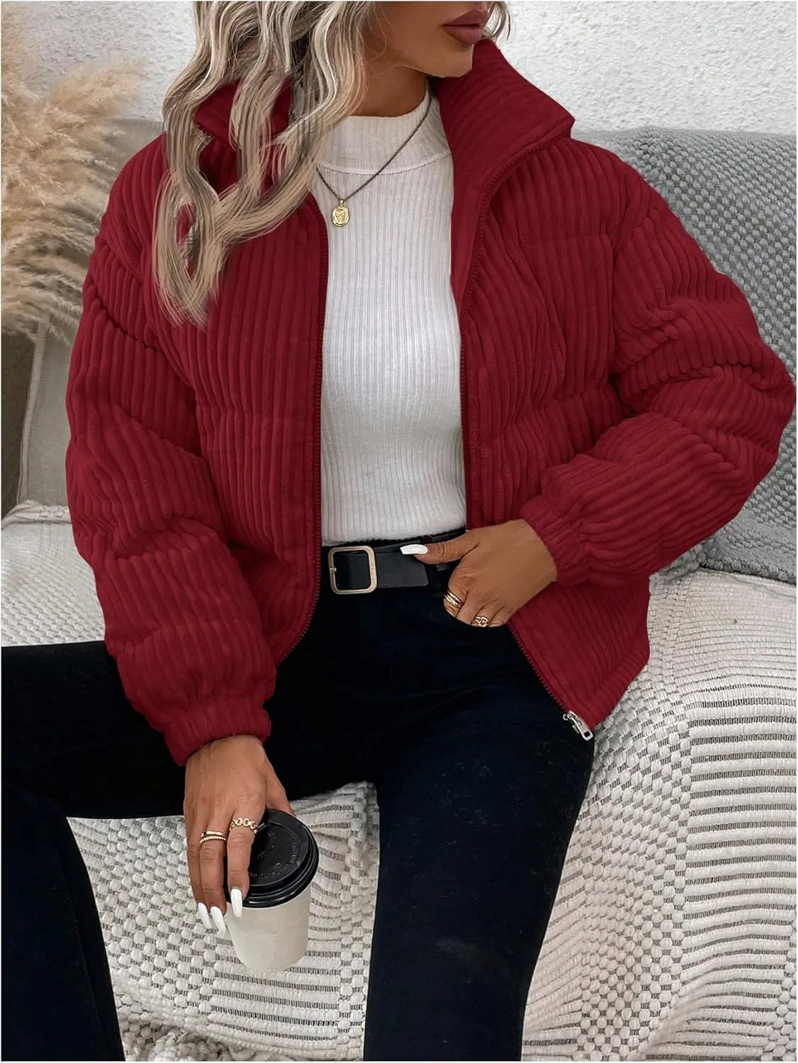 SOLY HUX Women's Zip Up Puffer Jacket Long Sleeve Corduroy Padded Coat Winter Outerwear