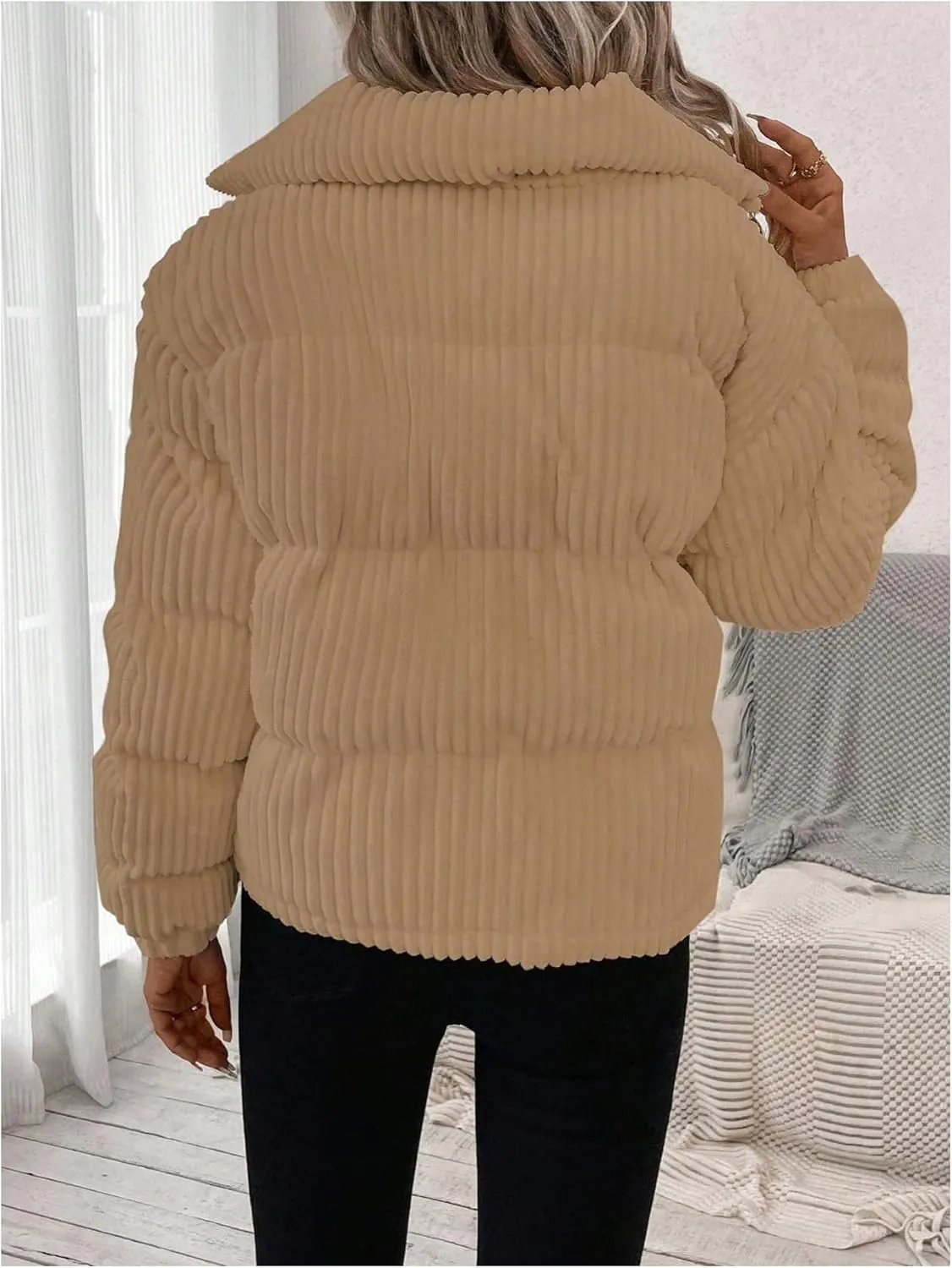 SOLY HUX Women's Zip Up Puffer Jacket Long Sleeve Corduroy Padded Coat Winter Outerwear