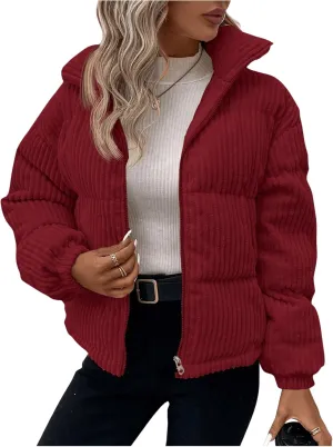 SOLY HUX Women's Zip Up Puffer Jacket Long Sleeve Corduroy Padded Coat Winter Outerwear