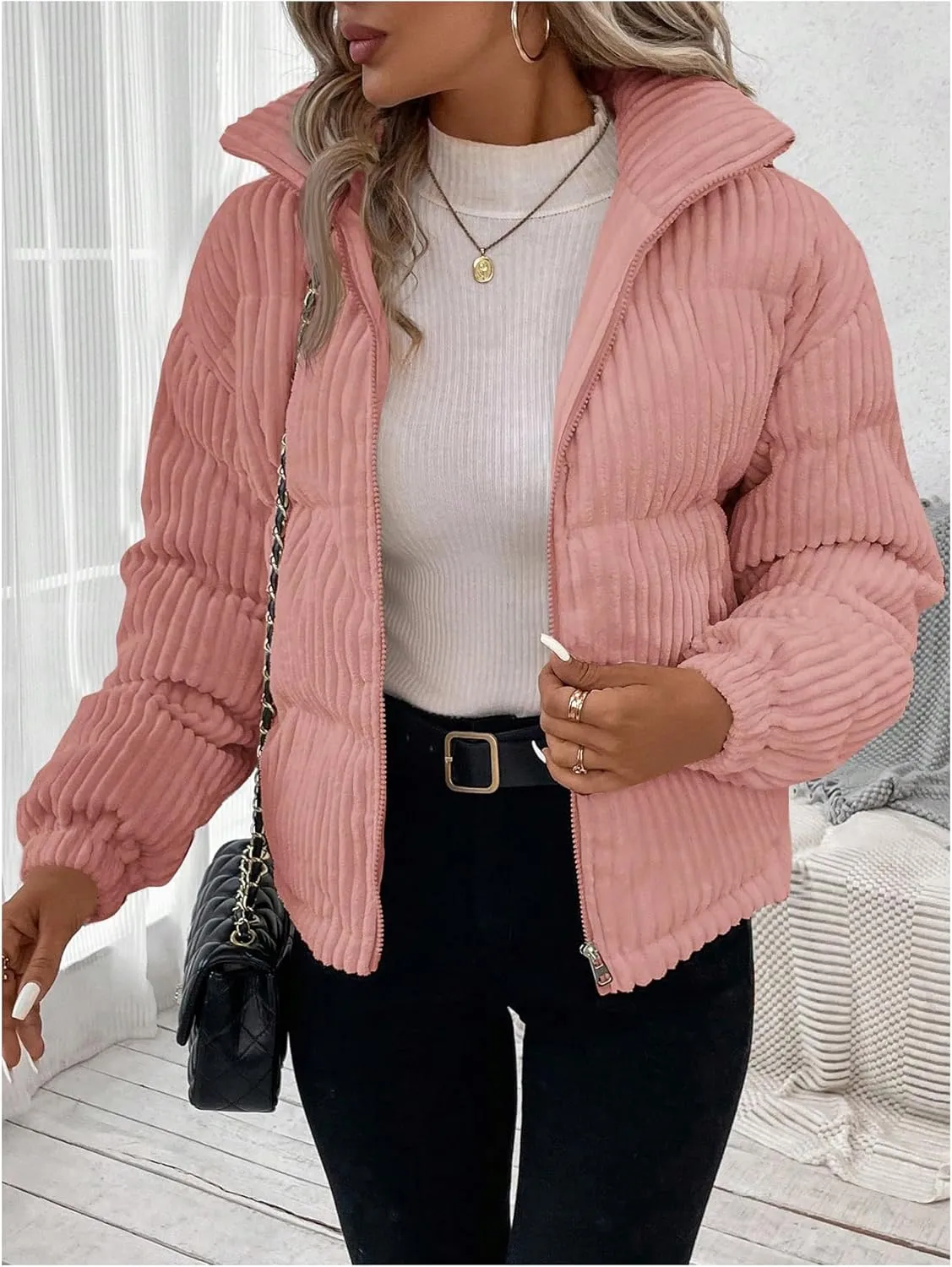 SOLY HUX Women's Zip Up Puffer Jacket Long Sleeve Corduroy Padded Coat Winter Outerwear