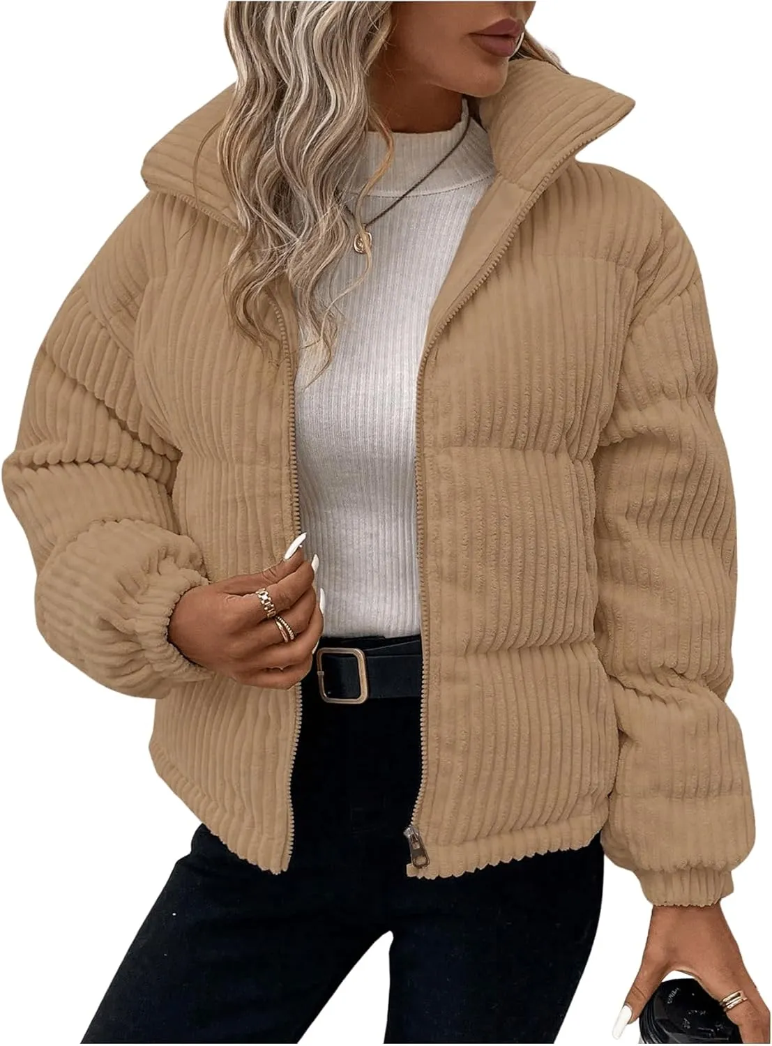 SOLY HUX Women's Zip Up Puffer Jacket Long Sleeve Corduroy Padded Coat Winter Outerwear