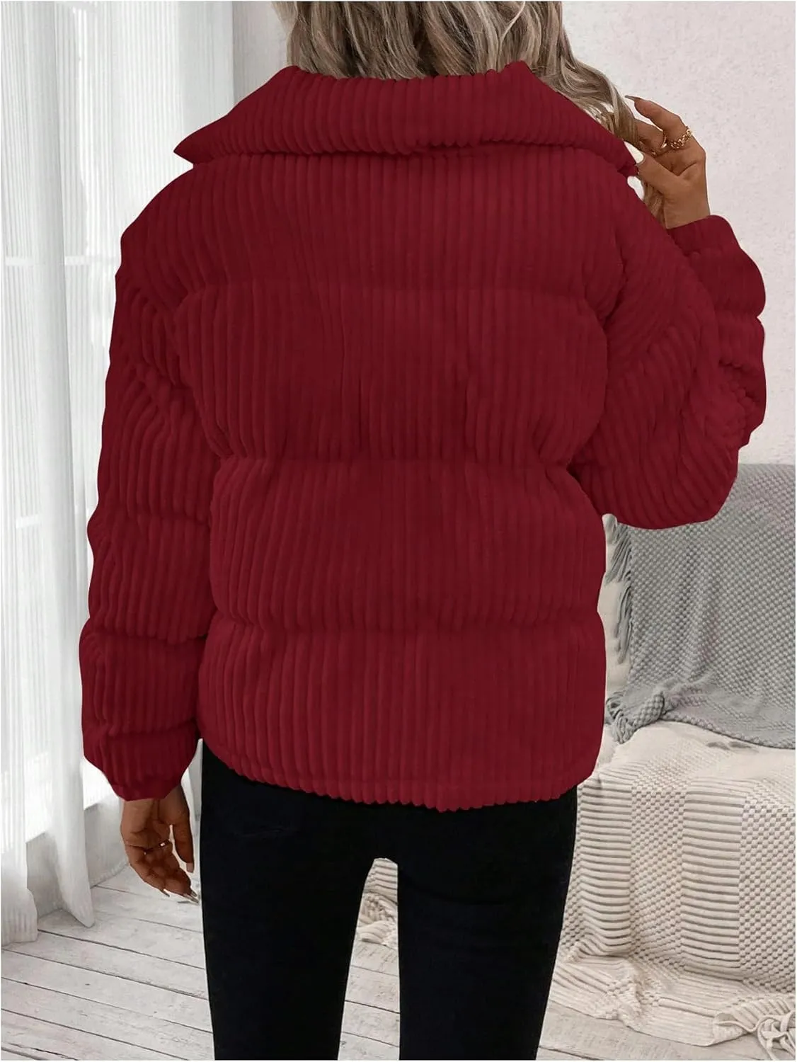 SOLY HUX Women's Zip Up Puffer Jacket Long Sleeve Corduroy Padded Coat Winter Outerwear