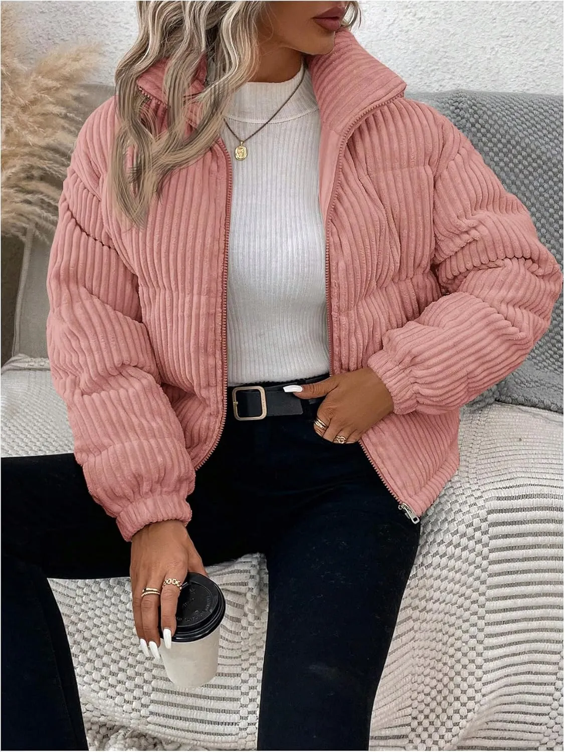 SOLY HUX Women's Zip Up Puffer Jacket Long Sleeve Corduroy Padded Coat Winter Outerwear