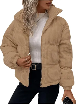 SOLY HUX Women's Zip Up Puffer Jacket Long Sleeve Corduroy Padded Coat Winter Outerwear