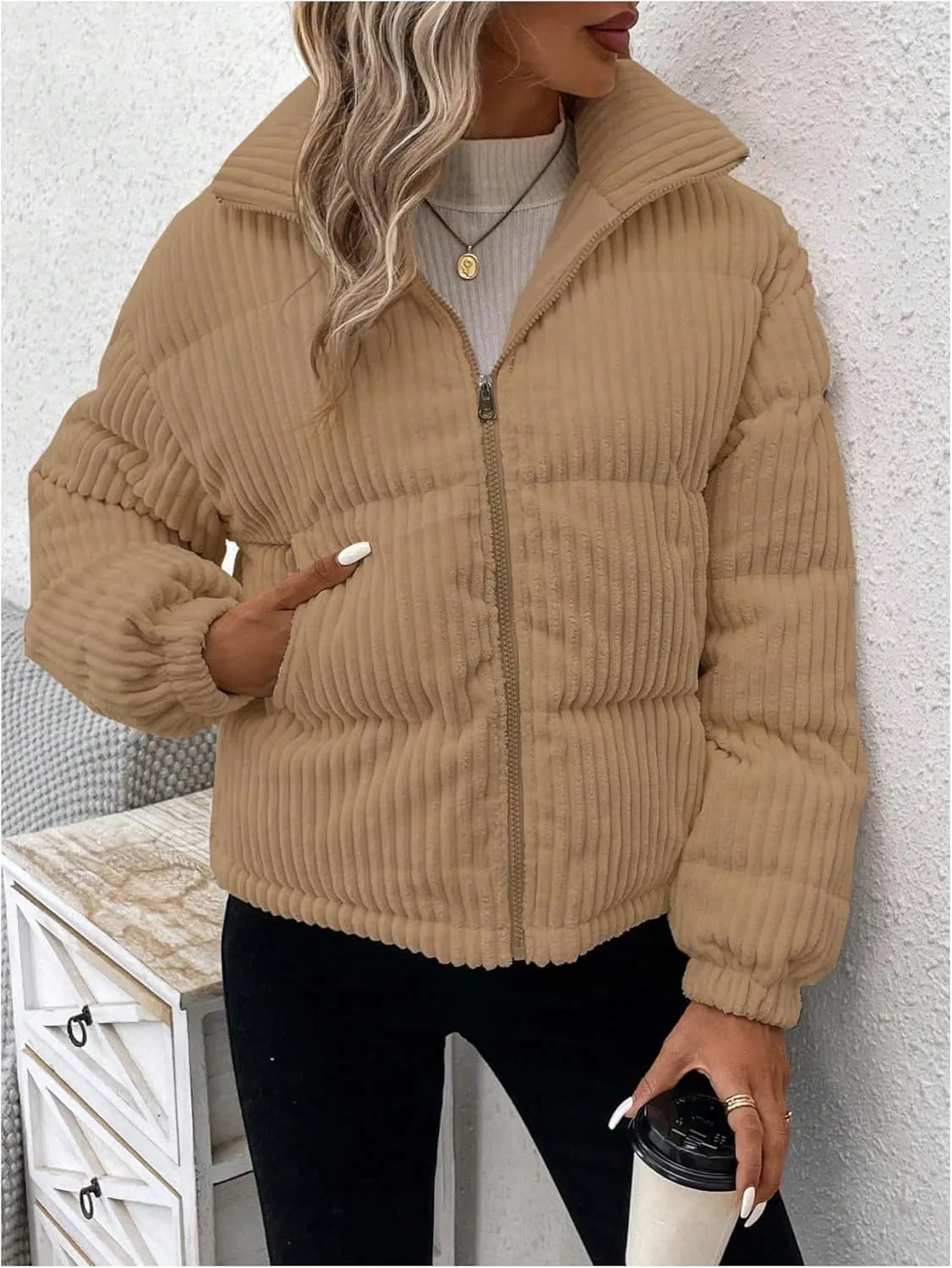 SOLY HUX Women's Zip Up Puffer Jacket Long Sleeve Corduroy Padded Coat Winter Outerwear