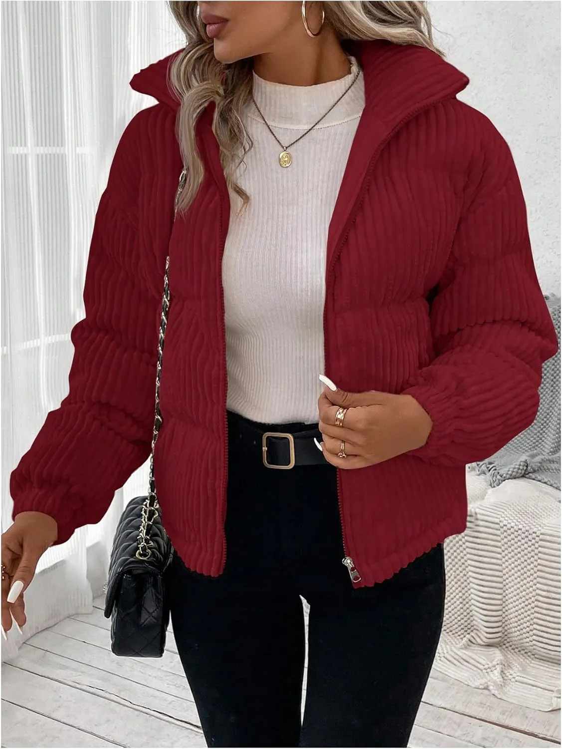 SOLY HUX Women's Zip Up Puffer Jacket Long Sleeve Corduroy Padded Coat Winter Outerwear