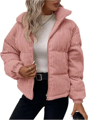 SOLY HUX Women's Zip Up Puffer Jacket Long Sleeve Corduroy Padded Coat Winter Outerwear