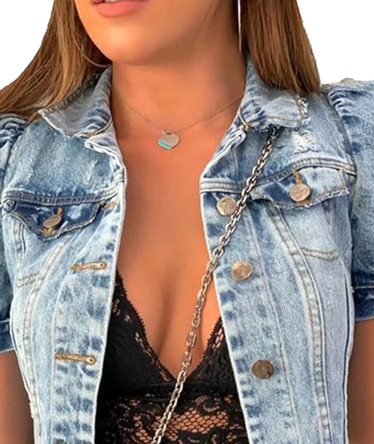 SOMTHRON Women's Cropped Jean Jacket Puff Short Sleeve Button Down Denim Coat Crop Top Outerwear