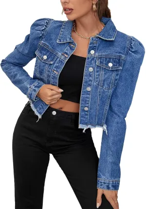 SOMTHRON Women's Cropped Jean Jacket Puff Short Sleeve Button Down Denim Coat Crop Top Outerwear