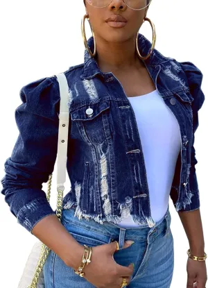 SOMTHRON Women's Cropped Jean Jacket Puff Short Sleeve Button Down Denim Coat Crop Top Outerwear