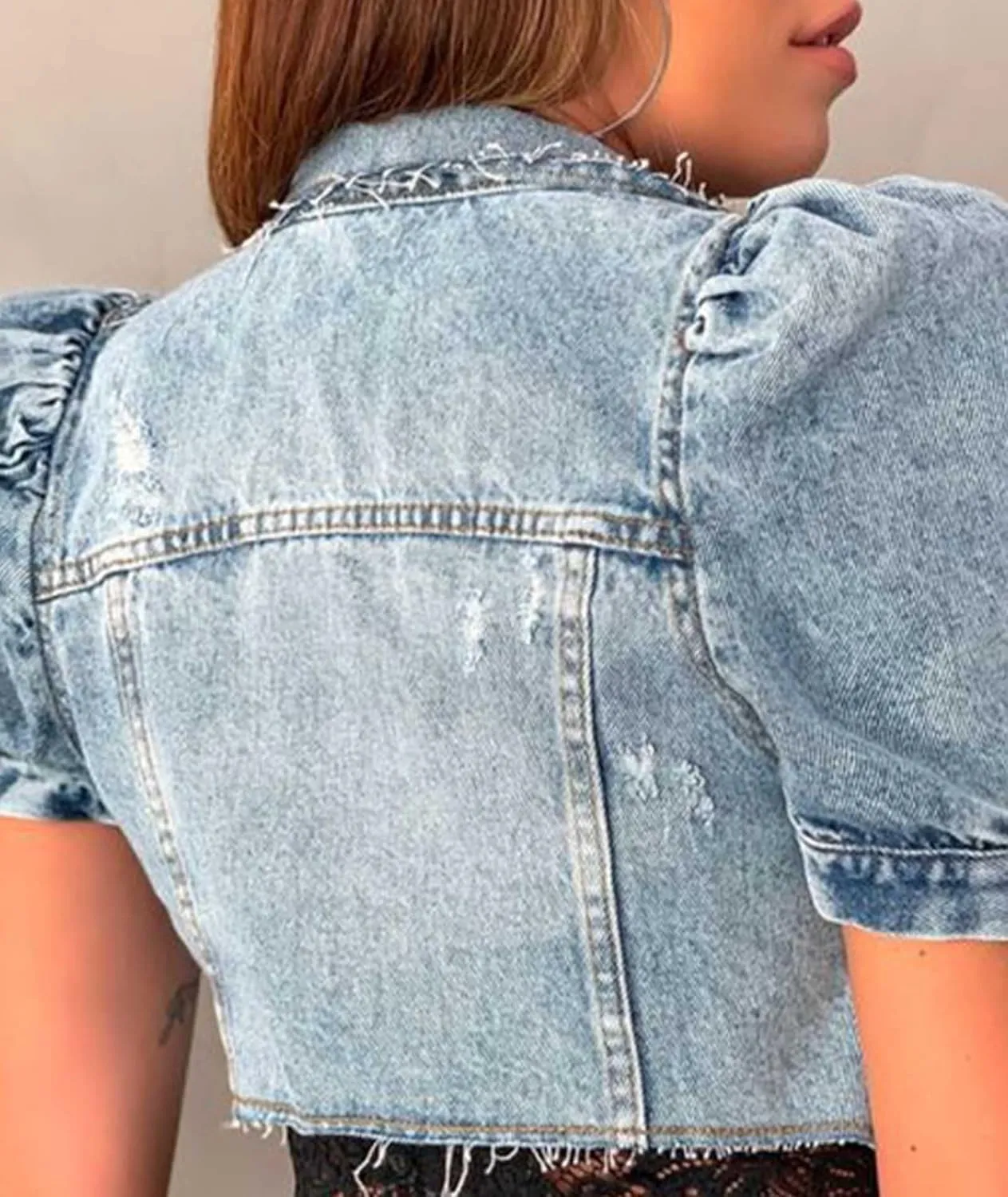SOMTHRON Women's Cropped Jean Jacket Puff Short Sleeve Button Down Denim Coat Crop Top Outerwear