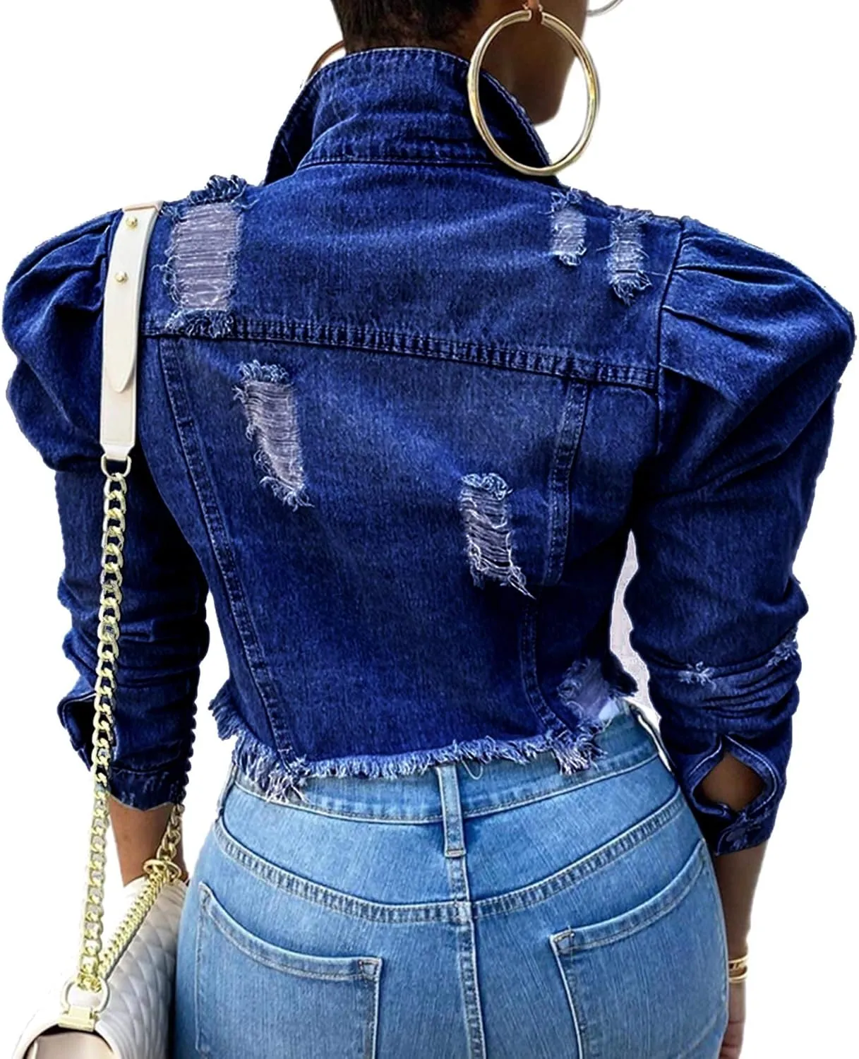SOMTHRON Women's Cropped Jean Jacket Puff Short Sleeve Button Down Denim Coat Crop Top Outerwear