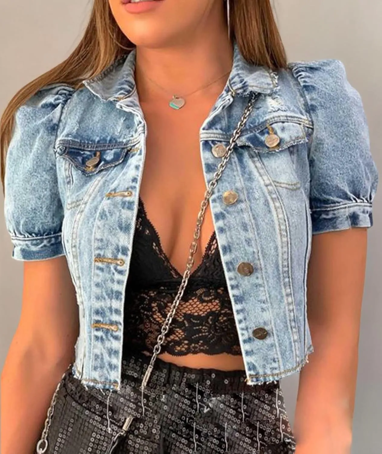 SOMTHRON Women's Cropped Jean Jacket Puff Short Sleeve Button Down Denim Coat Crop Top Outerwear