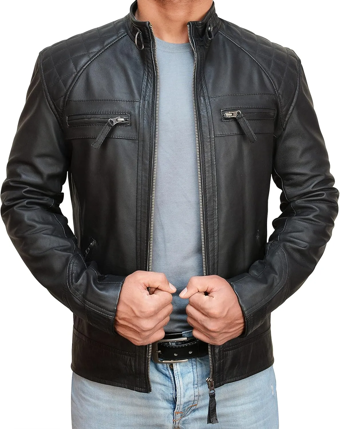 SpazeUp Mens Genuine Leather Quilted Brando Jacket - Asymmetrical Leather Motorcycle Cafe Racer Leather Jacket