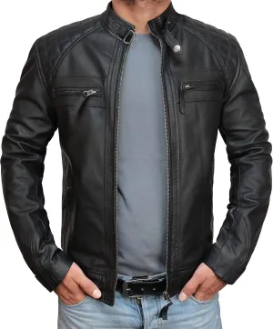 SpazeUp Mens Genuine Leather Quilted Brando Jacket - Asymmetrical Leather Motorcycle Cafe Racer Leather Jacket