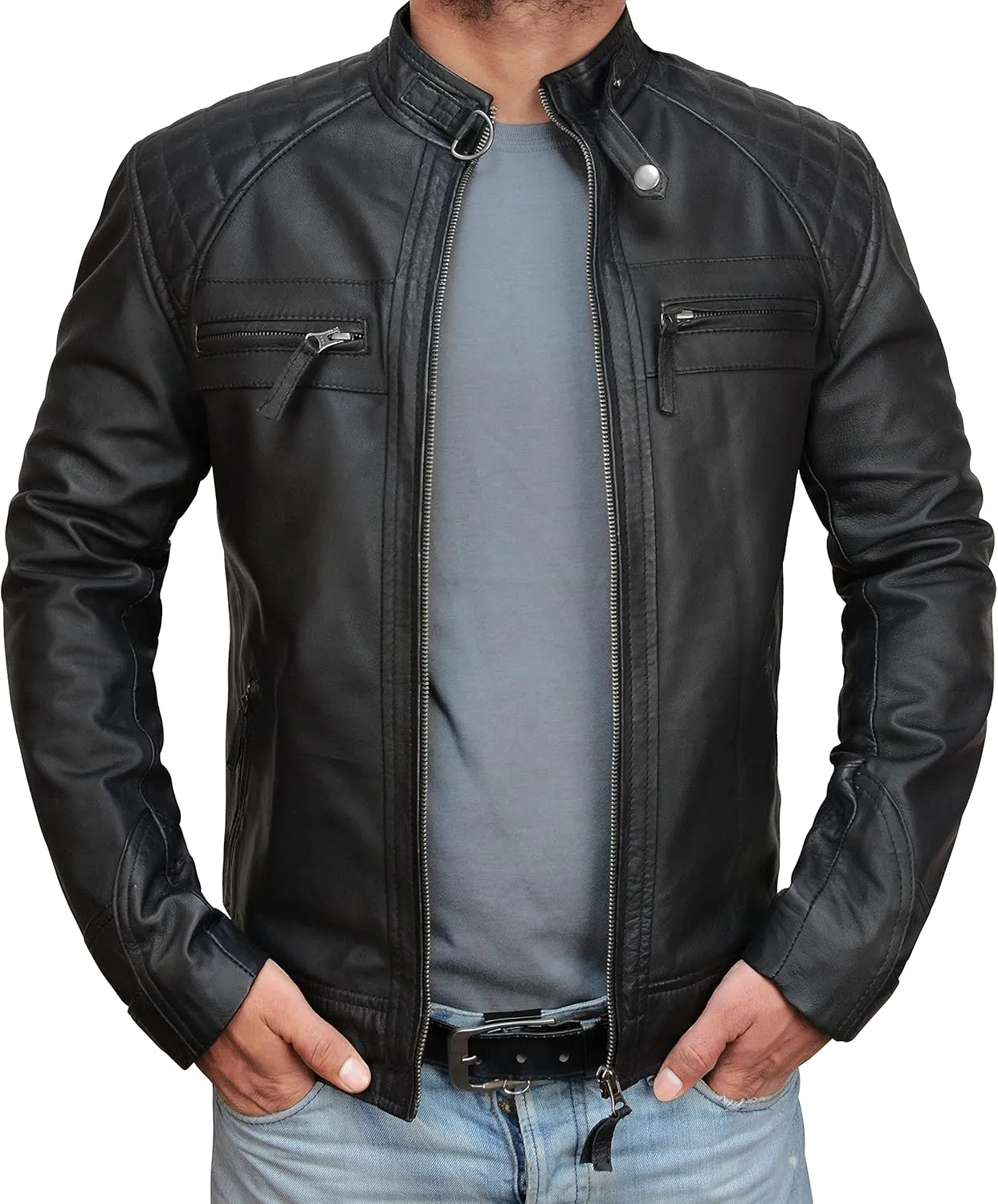 SpazeUp Mens Genuine Leather Quilted Brando Jacket - Asymmetrical Leather Motorcycle Cafe Racer Leather Jacket