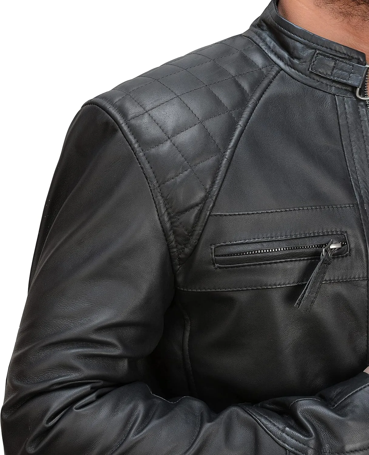 SpazeUp Mens Genuine Leather Quilted Brando Jacket - Asymmetrical Leather Motorcycle Cafe Racer Leather Jacket