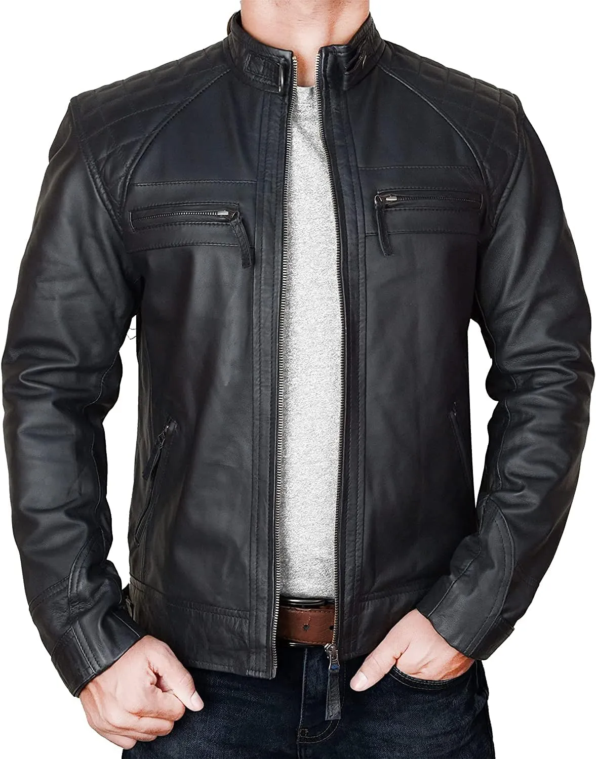 SpazeUp Mens Genuine Leather Quilted Brando Jacket - Asymmetrical Leather Motorcycle Cafe Racer Leather Jacket