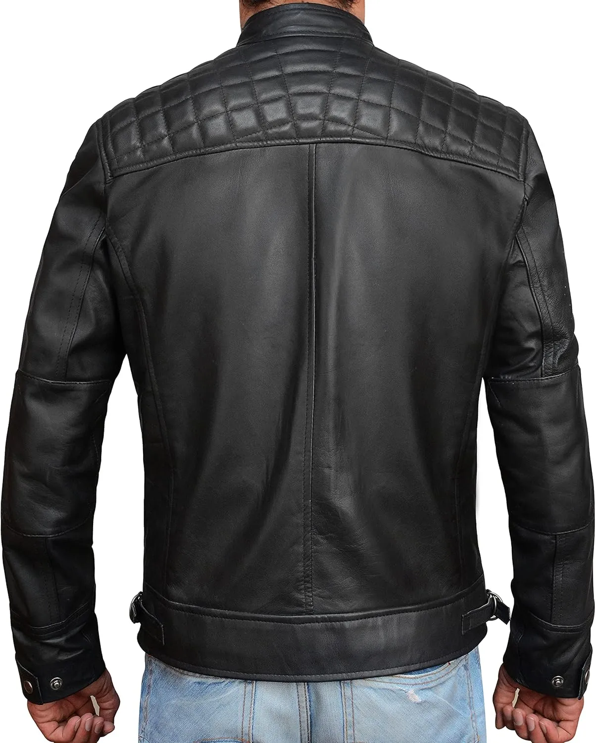SpazeUp Mens Genuine Leather Quilted Brando Jacket - Asymmetrical Leather Motorcycle Cafe Racer Leather Jacket
