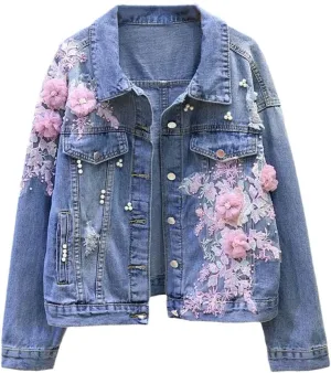 Spring Autumn Denim Jacket Women Embroidery Flowers Hole Cowboy Outerwear Casual Jean Coat