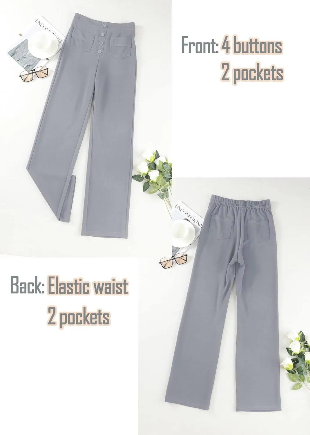 Straight Leg Pants Women Casual High Waist Button Elastic Trousers Tummy Control Stretch Pants with Multiple Pockets