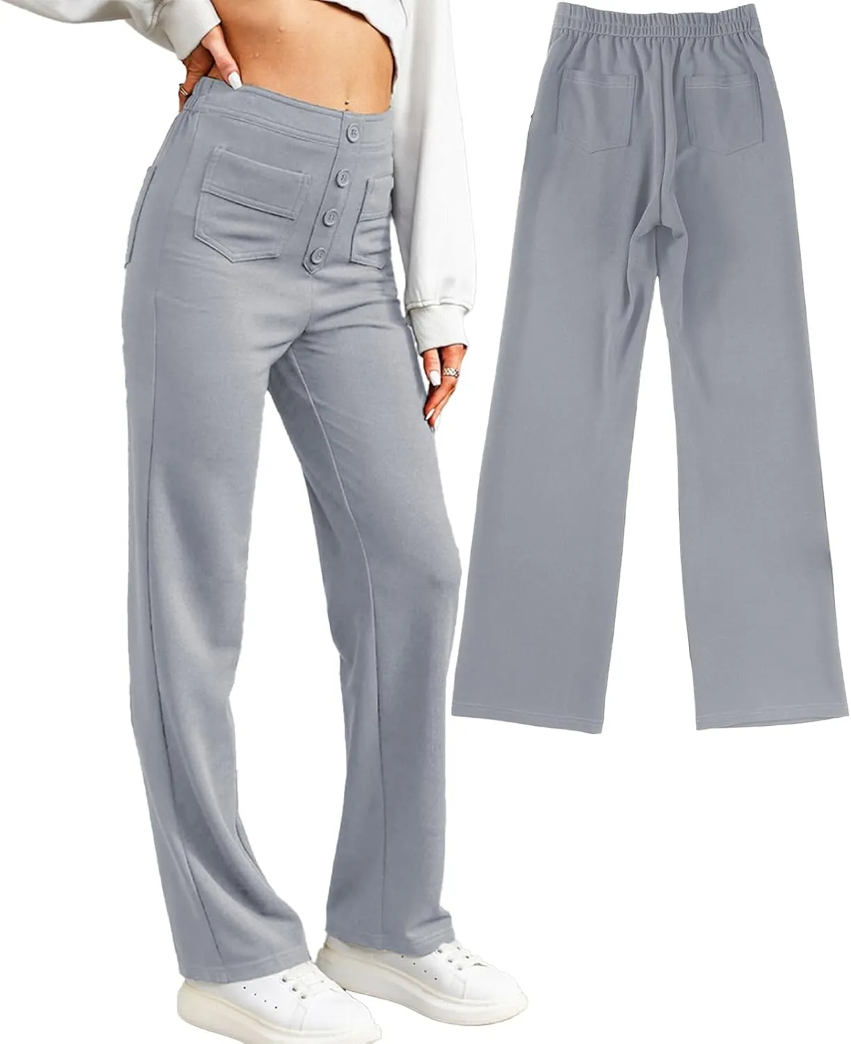 Straight Leg Pants Women Casual High Waist Button Elastic Trousers Tummy Control Stretch Pants with Multiple Pockets
