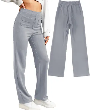 Straight Leg Pants Women Casual High Waist Button Elastic Trousers Tummy Control Stretch Pants with Multiple Pockets