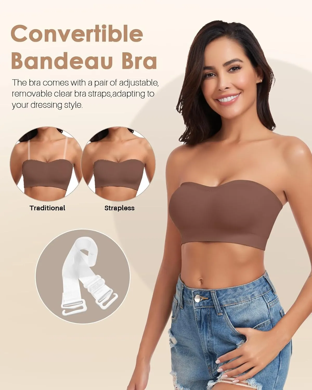 Strapless Bra for Women Bandeau Bras Seamless Wireless Padded Bandeau Top Non-Slip Tube Top