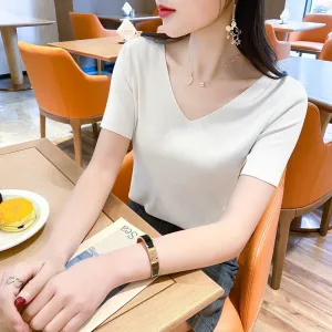 Streaming Ice Silk Minimalist Solid Colored Women Seamless Thin V-Neck Korean Loose Tops Short Sleeve T-Shirt