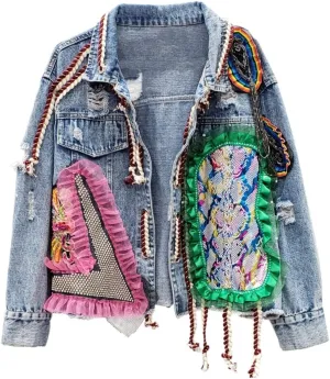 Streetwear Patchwork Print Frayed Denim Jacket Women Short Casual Jean Coat Female Outerwear,L