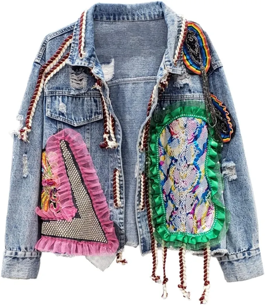 Streetwear Patchwork Print Frayed Denim Jacket Women Short Casual Jean Coat Female Outerwear,L