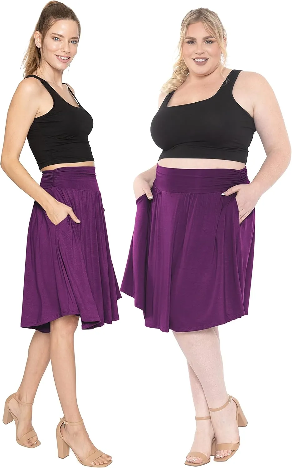 STRETCH IS COMFORT Women's and Plus Size Scoop Hem Flare Mid Length Skirt with Pockets | S-5X