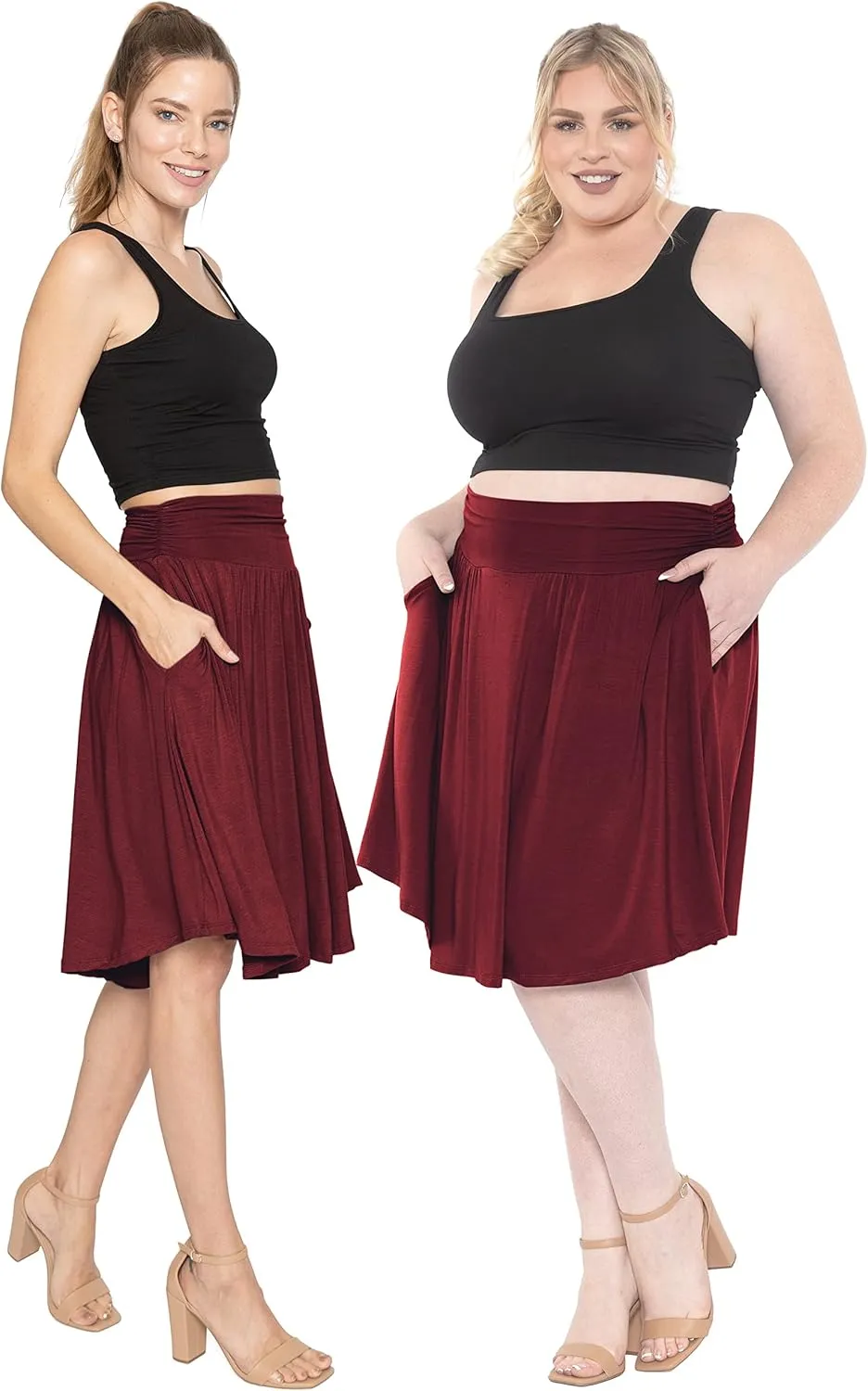STRETCH IS COMFORT Women's and Plus Size Scoop Hem Flare Mid Length Skirt with Pockets | S-5X