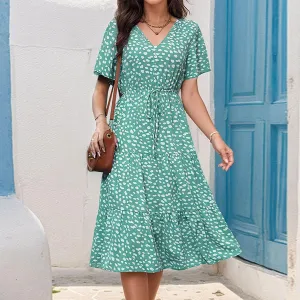 Summer Boho Midi Dress for Women Lace-Up Waist-Defined Flowy A-Line Dresses Short Sleeve V Neck Tiered Ruffle Dress