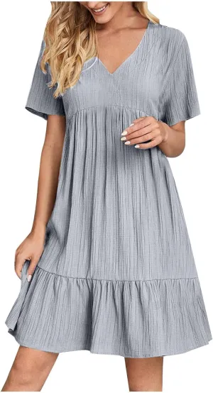 Summer Dresses for Women Trendy Short Sleeve Pleated Midi Dress Casual Flowy V Neck Elegant Beach Sundresses