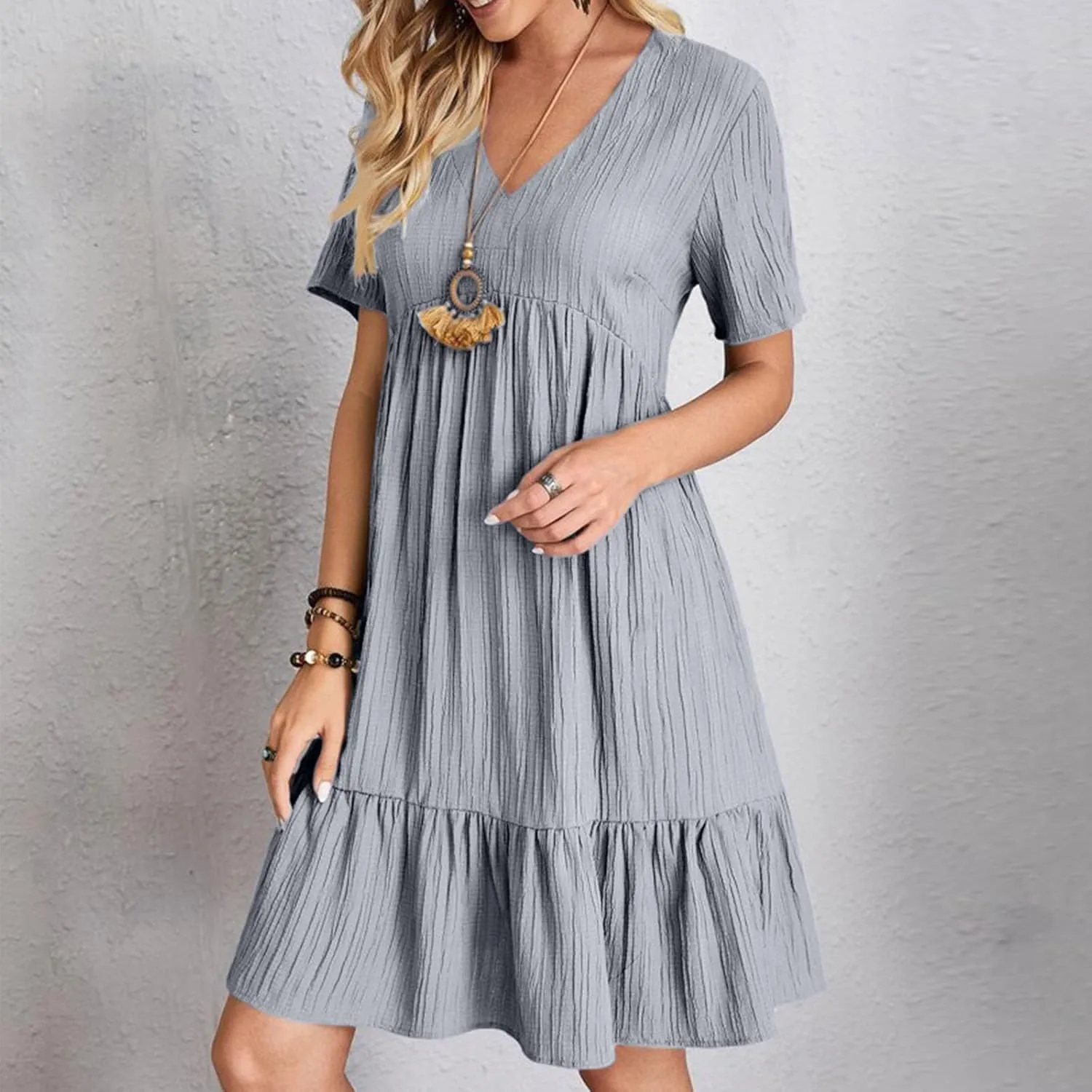 Summer Dresses for Women Trendy Short Sleeve Pleated Midi Dress Casual Flowy V Neck Elegant Beach Sundresses