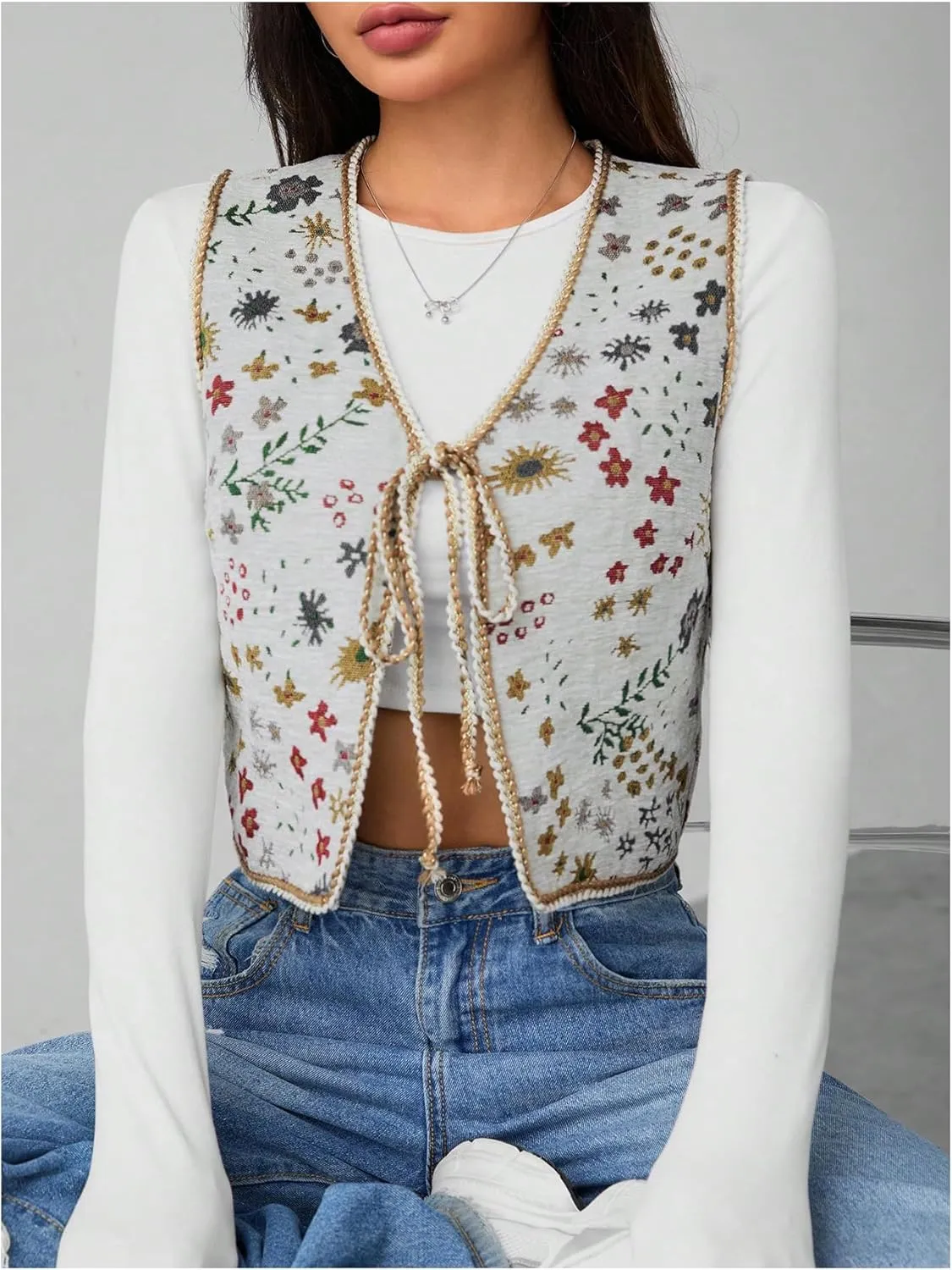 SweatyRocks Women's Floral Print Vest Tie Front V Neck Sleeveless Crop Vest Outerwear