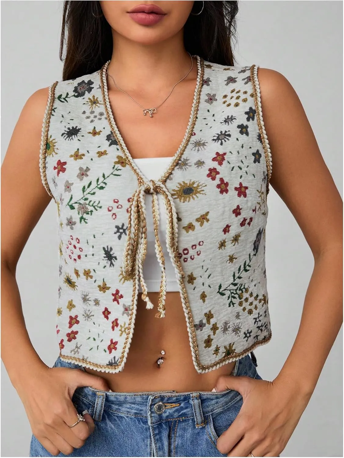SweatyRocks Women's Floral Print Vest Tie Front V Neck Sleeveless Crop Vest Outerwear