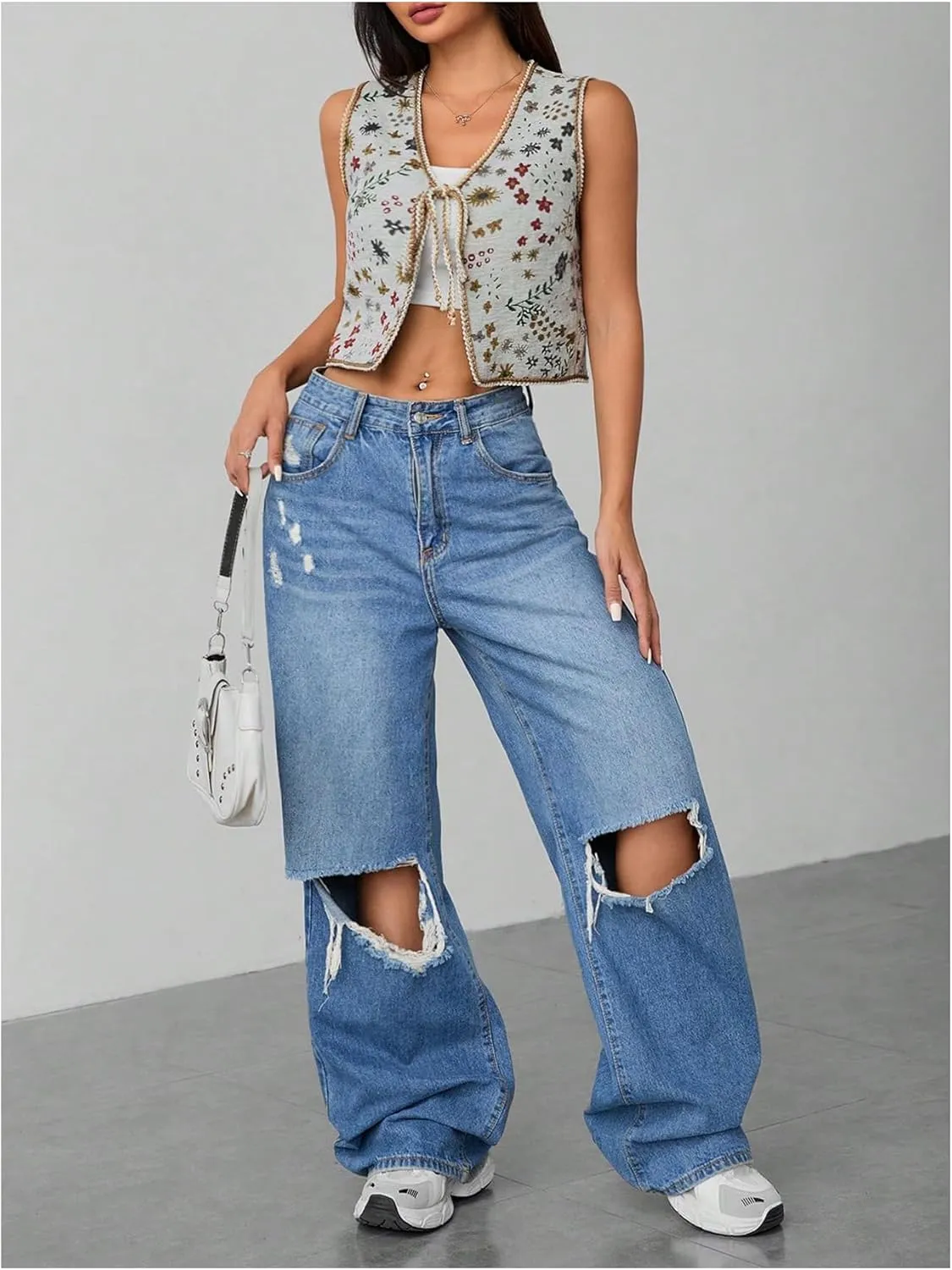 SweatyRocks Women's Floral Print Vest Tie Front V Neck Sleeveless Crop Vest Outerwear